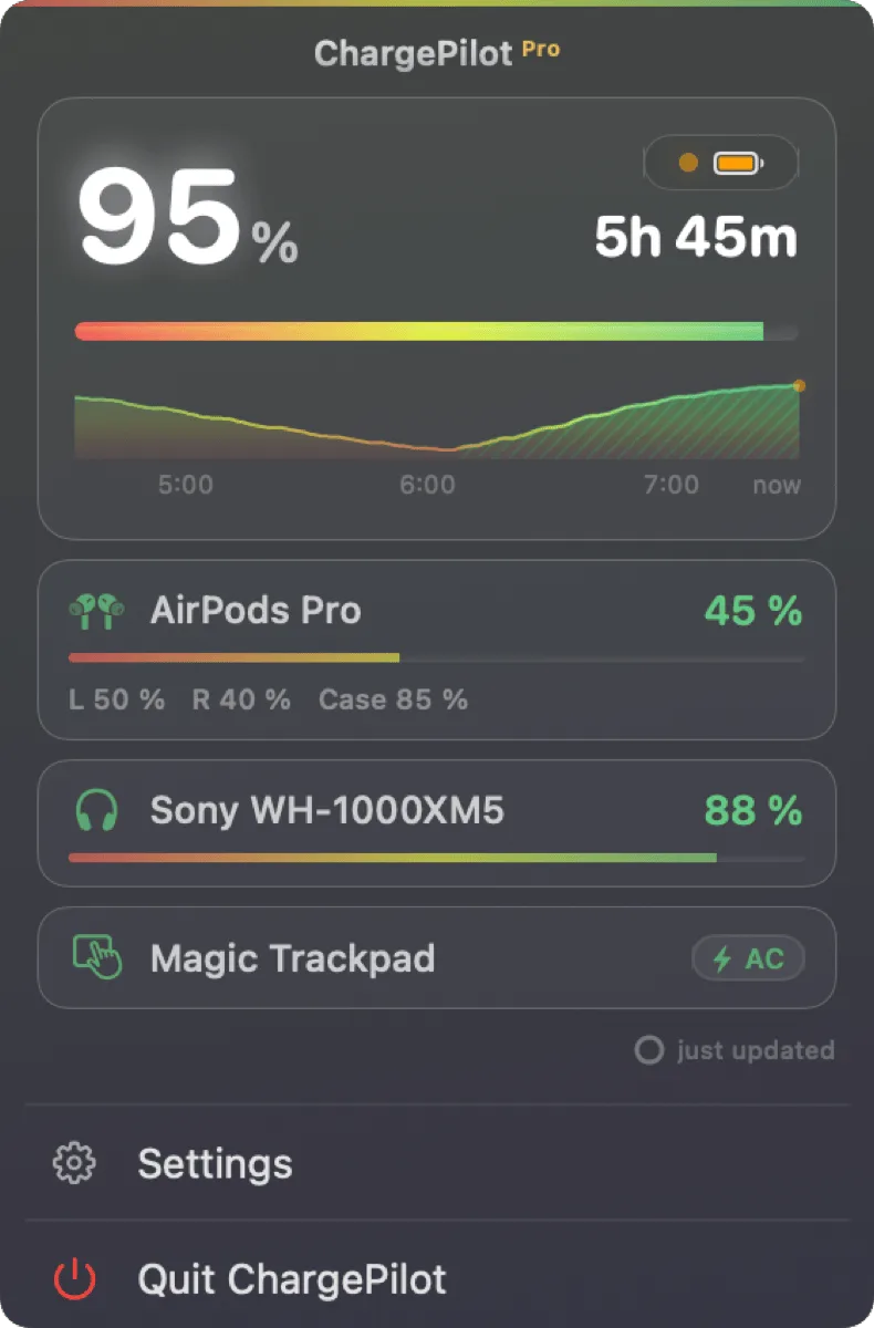 ChargePilot popup with live battery stats and Bluetooth devices (type 2)