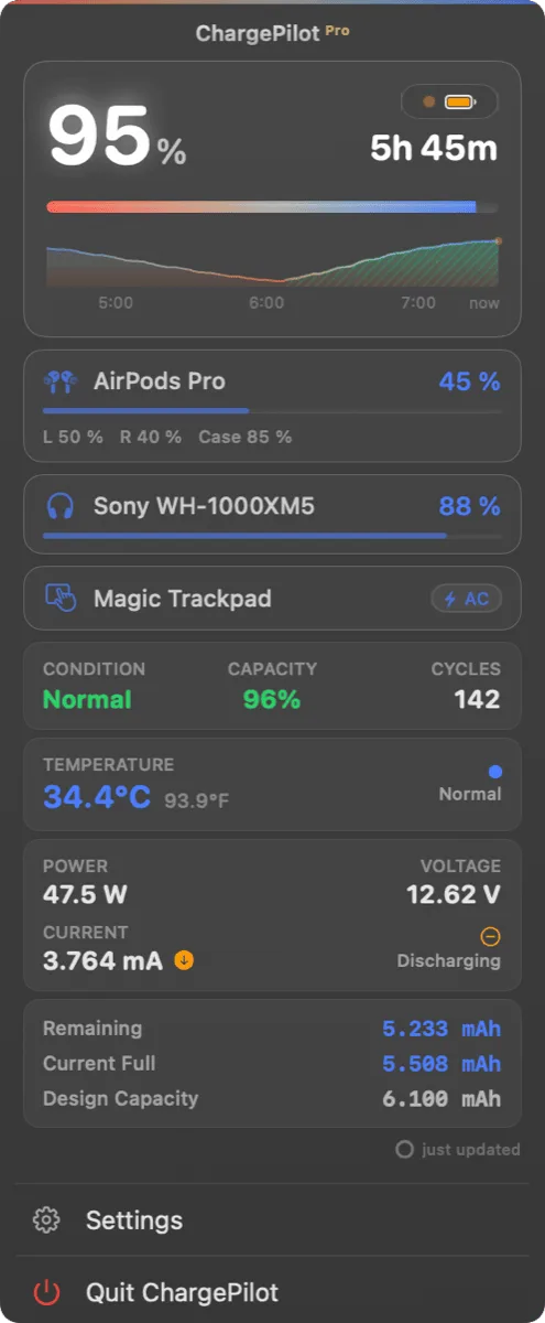 ChargePilot popup — Nordic theme with Bluetooth devices and battery details